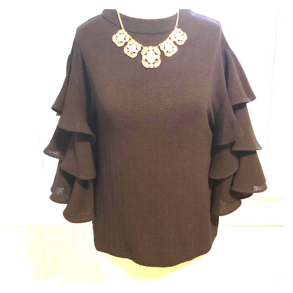 Endless Rose Tops - Endless Rose Ruffle Sleeve Textured Black Blouse